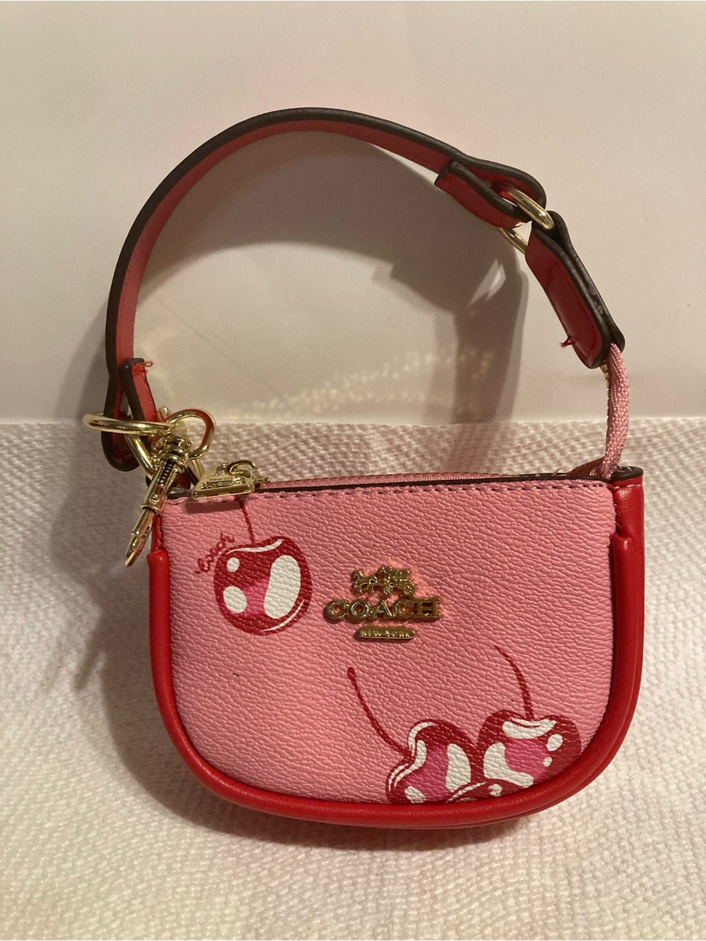 Pink Cherry Print Baby Bag Wristlet with Red Trim